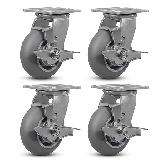 5" x 2" Thermoplastic Rubber Wheels (Crown Tread)- Set of 4 Heavy Duty Casters- 1600 LB Capacity- No Noise Plate Caster for Furniture Platform Trucks Workbench (4 Pack Brake)
