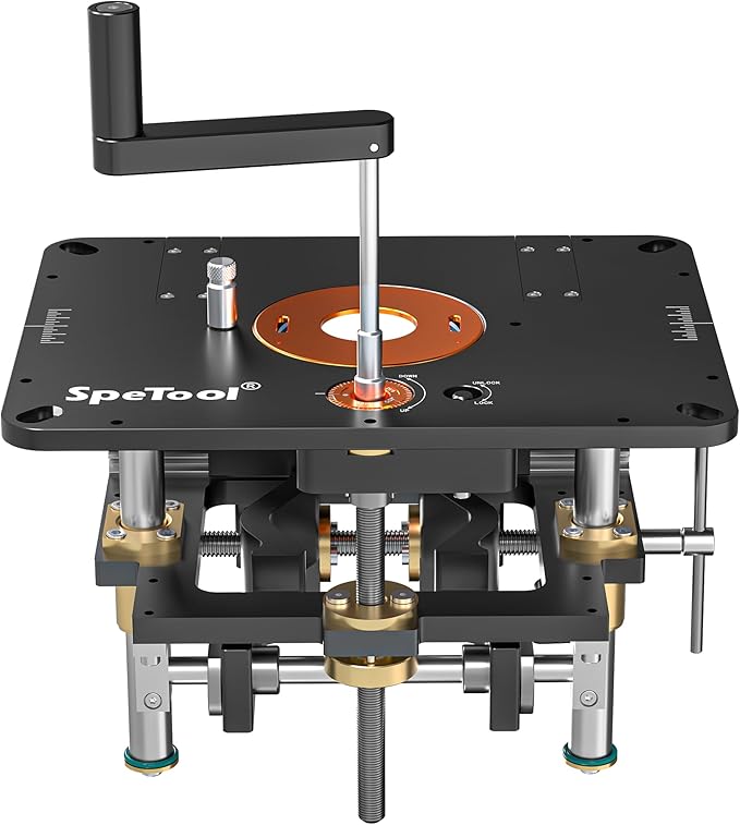 SpeTool Router Lift for 2.56??4.21??Dia Routers, Precision All-aluminum Router Table Lift System with 3 Magnetic Insert Rings, 9-1/4"x11-3/4" Router Table Insert Plate for Woodworking Add DIY Template
