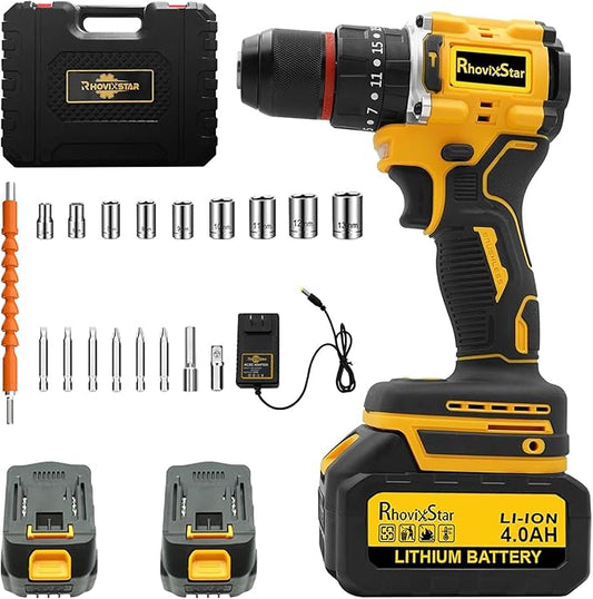 Cordless Drill Set, Power Drill Tool Set 20V, 3/8-Inch Keyless Chuck Drill Gun,Variable Speed (Equipped with two 4000mAh batteries)