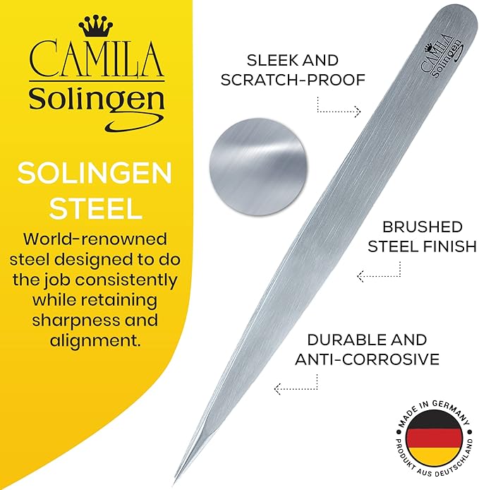 CS27 4" Professional Surgical Grade Stainless Steel Precision Tip Eyebrow Tweezers for Facial Hair Shaping & Removal. Beauty Tool for Men/Women. Made in Solingen Germany (Pointed)