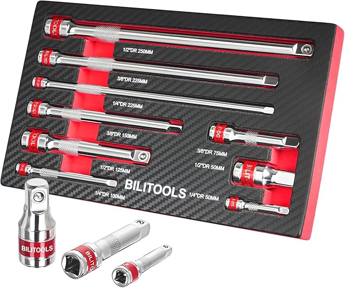 BILITOOLS 9 PCS Ratchet Extension Set, 1/4" 3/8" 1/2" Drive Extension Set, CR-V Steel with Mirror Chrome Plating, EVA-Foam Tray