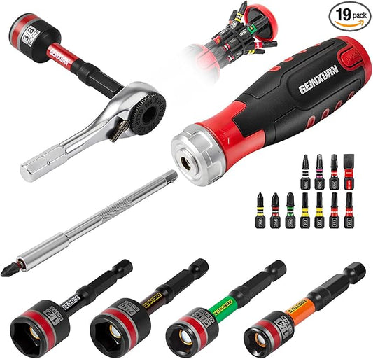 19 Pieces Ratcheting Screwdriver Set, Mini Rachet Wrench, Rachet Screwdriver Handle and Nut Driver with 12 Pcs Impact Screwdriver Bits, Portable Hand Tools Set for Repair DIY