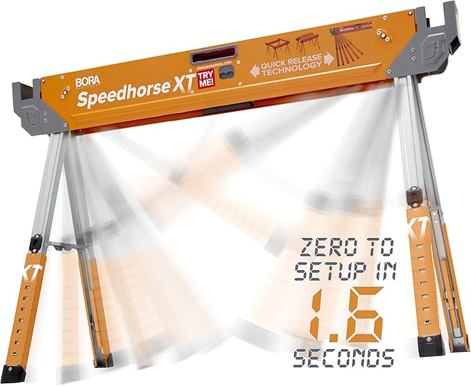 Bora Portamate Speedhorse XT Sawhorse Pair- Two pack, 30-36 inch height adjustable Legs, Metal Top for 2x4, Heavy Duty Pro Bench Saw Horse for Contractors, Carpenters - PM-4550T,Orange