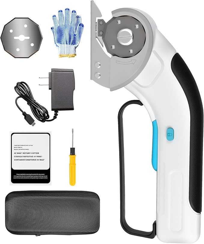 Cordless Electric Scissors Rechargeable with 2-Blade & Storage Bag, Powerful Rotary Cardboard Box Cutter 3.7V 2000mAh for Cloth Carpet Plastic Leather, Charging Cable(White)