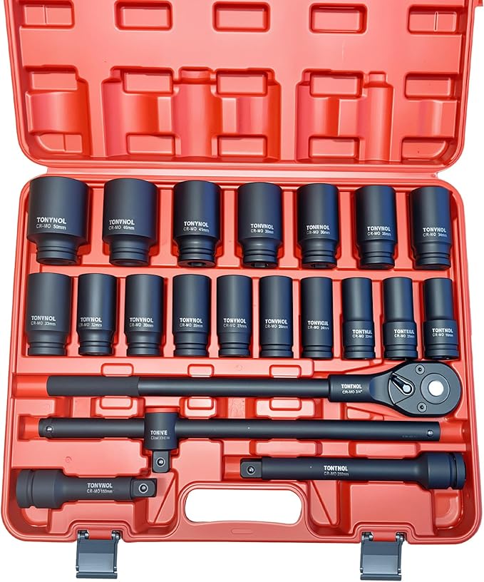 3/4 Inch Drive Deep Impact Socket Set, 21 Pieces, 6 Point, Metric Sizes (19mm to 50mm) with Adapters and Quick Release Ratchet Wrench, Heavy-Duty Cr-Mo Steel, Storage Case