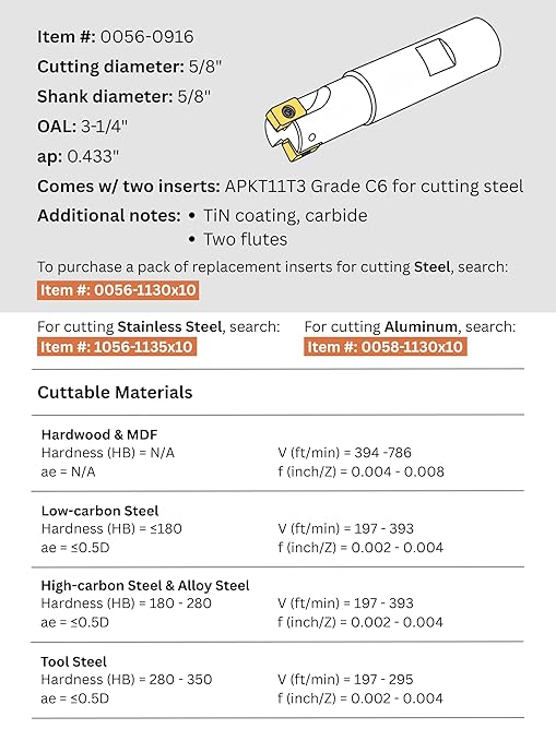 Accusize Industrial Tools 5/8'' 90 Deg Square Shoulder Indexable End Mill with 3-1/4'' Oal, Apkt11t3 Carbide Inserts, 2 Flute, 0056-0916