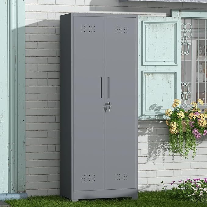 GREATMEET 65" Garage Storage Cabinet, Broom Closet Storage Cabinet, Metal Cabinets with Doors and Shelves, Utility Closet for Brooms and Mops, Utility Cabinets for Storage, Grey