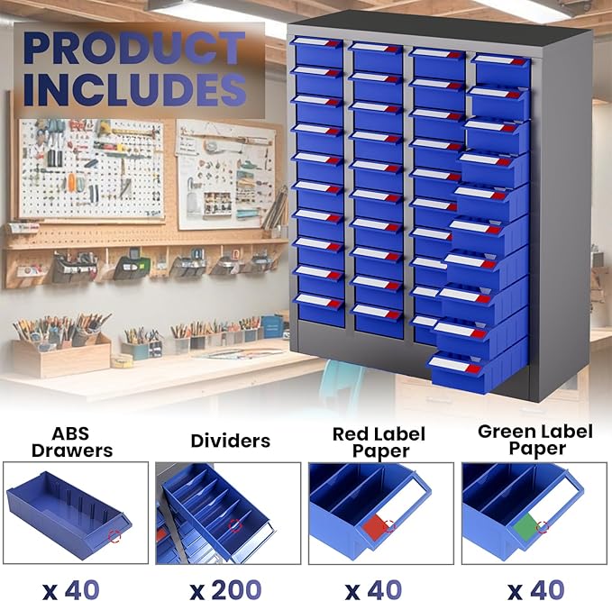 Parts Organizer Cabine 40 Drawers, 25" H x 21" D x 9" W Stainless Steel Bolt and Nut Storage Cabinet, ABS Drawers, Adjustable Shelves & Label, Parts Cabinet for Workshop Laboratory Home Tool Storage