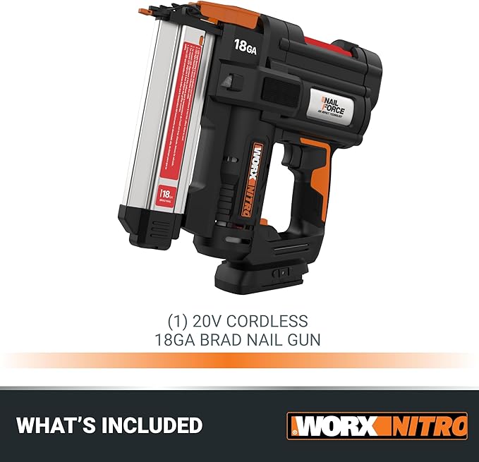 Worx Nitro 20V 18GA Brad Nailer Cordless Fires 80 Nails Per Minute, Cordless Nail Gun Anti-Ejection, Nail Gun Battery Powered Tool-Free Jam Release WX842L.9 Power Share ??Tool only