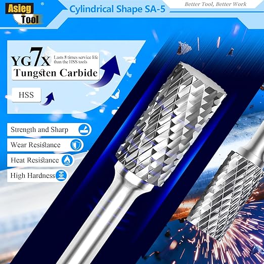 SA-5 Tungsten Carbide Burr Rotary File Cylindrical Shape Double Cut for Die Grinder Drill Bits 1/4'' Inch Diameter of Shank and 1/2'' Inch Diameter of Cutter 1'' Inch Cutter Length