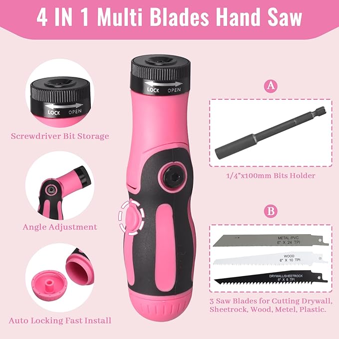 ARUCMIN 450-Piece Pink Tool Set, Home Tool Kit with Toolbox Storage Case Home Repair Tool Kit with Drawer for Women