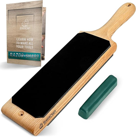 BeaverCraft Leather Strop Kit for Knife Sharpening 15.2" - Leather Knife Strop with Polishing Compound - Stropping Kit Double Sided LS1P1, Razor Sharpener for Knives, Chisels - eBook Guide Included