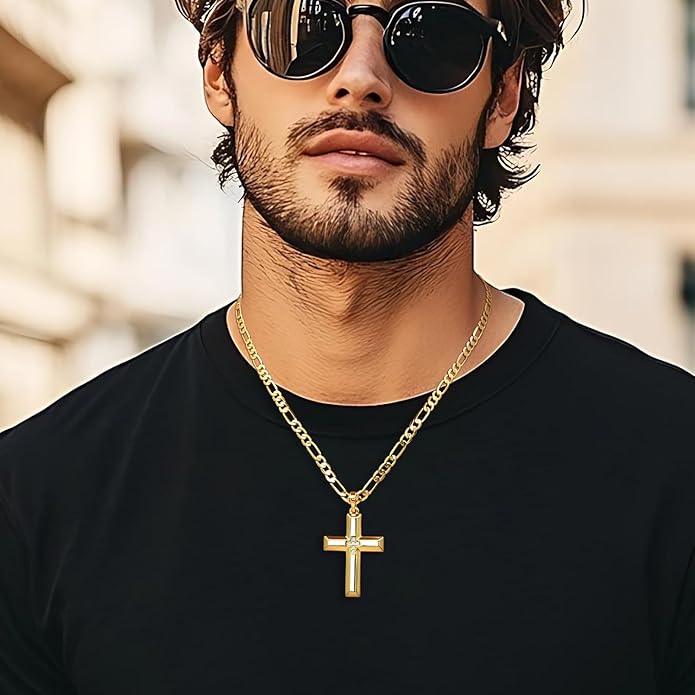 Cross Necklace for Men Gold Cross Necklace for Men 14K Gold Crosses Figaro Chain Pendant for Mens Crosses Necklaces Broad Subtle Sparkle with Cubic Zirconia Necklaces for Mens Chain 20/22/24 inches