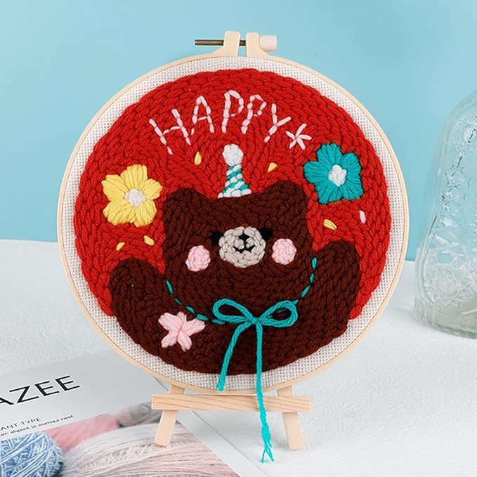 Woohome Punch Needle Kit Included Plastic Hoops, Punch Needle Cloth, Color Yarn and Punch Needle Tools for Adults, Beginners (Flower, Lake and Bear)