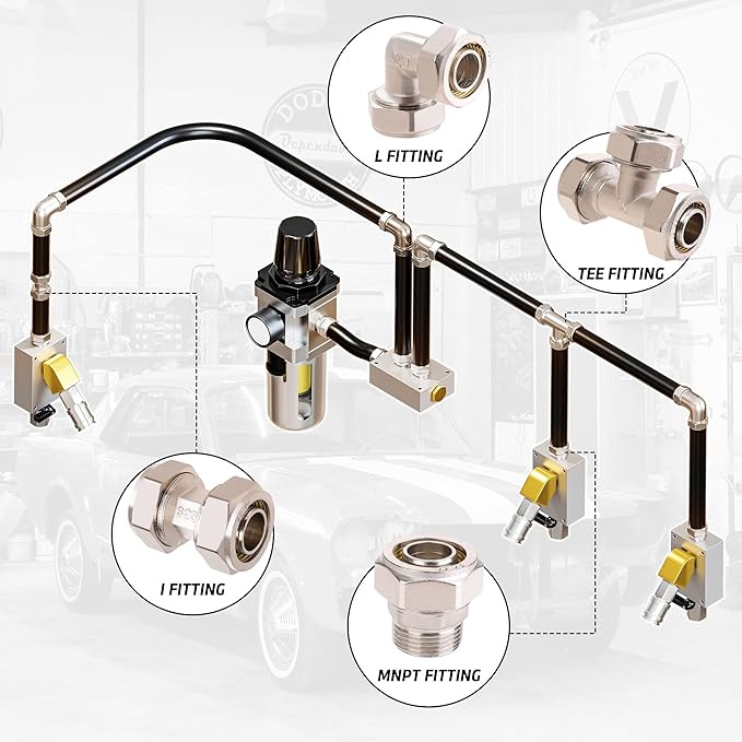 2PCS 3/4?쇺?Tee Air Piping Fittings, 3/4?쇺?Tubing x 3/4?쇺?Tubing x 3/4?쇺?Tubing, Brass-Nickel Plated, 200PSI Working Pressure, Air Line Fittings for Shop Garage Compressed Air Tube System