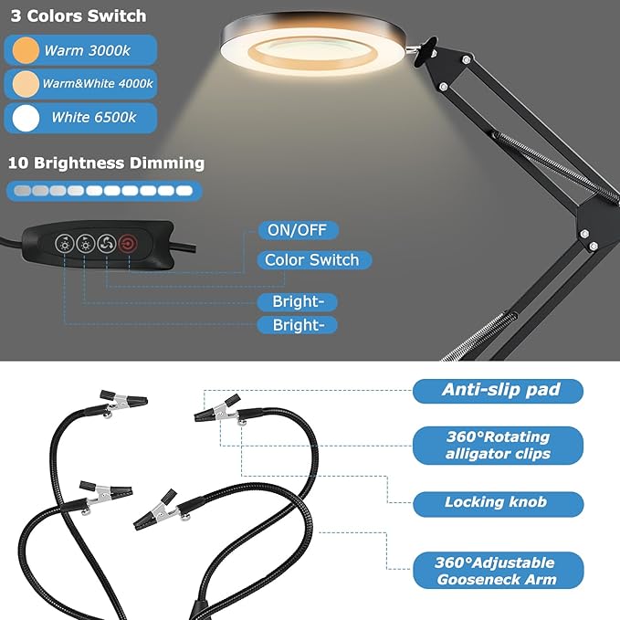 Magnetic Helping Hands Soldering Station, 10X LED Magnifying Lamp, Magnifying Glass with Light and Stand, 360 Hot Air Gun Holder, 4 Magnetic Third Hand Soldering Tool &PCB Holder for Soldering Station