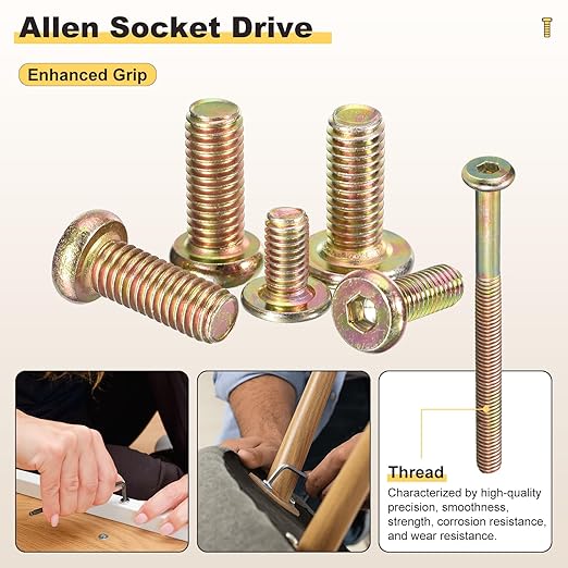 METALLIXITY Flat Head Hex Socket Cap Screws Bolts(M6-1x80) 5Pcs, Steel Hex Socket Furniture Bolts Screws - for Furniture Woodworking Project, Yellow