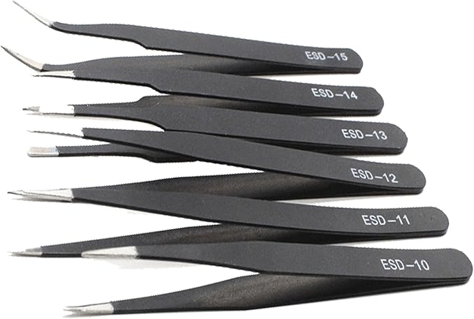 6Pcs ESD Tweezers Set Precision Tweezers Set ，Anti-Static Stainless with Storage Canvas Bag，for Craft,Electronics Repair,jewelry repair,Laboratory Work Etc