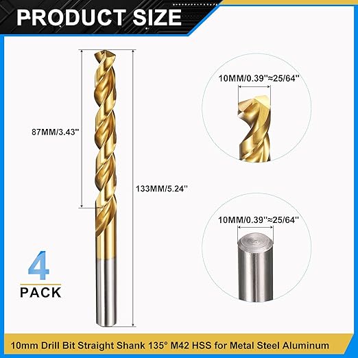 PATIKIL 10mm Drill Bit, M42 8% Cobalt High-Speed Steel Jobber Straight Shank 135° Titanium Nitride (TiN) Coated for Hard Metal Stainless Steel - 4 Pack