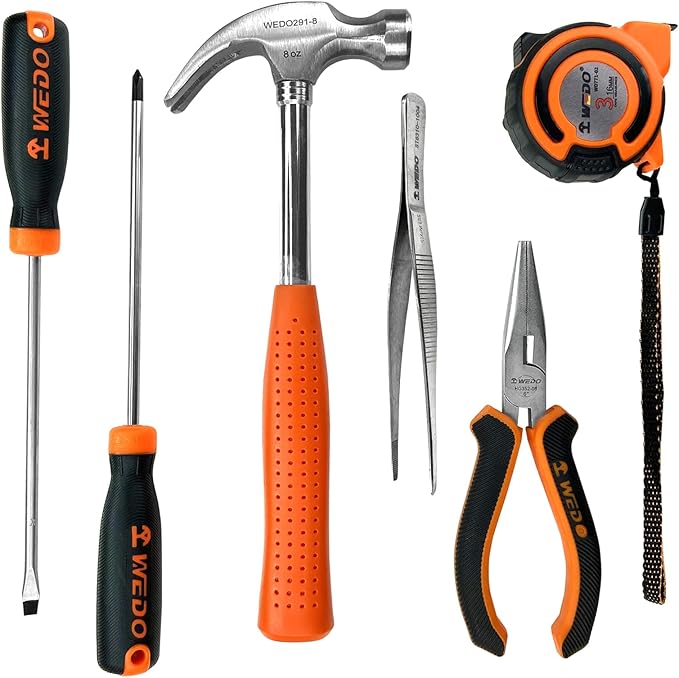 WEDO 6PCS Tool Set,Claw Hammer 8oz,Slotted Screwdriver 5X150mm,Phillips Screwdriver PH1X150mm,Long Nose Pliers 6",Stainless Steel Tweezers 120mm,Measuring Tape 3m*16mm