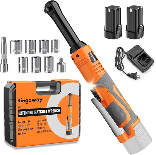 3/8" Extended Electric Ratchet Wrench Set, 45ft-lbs Cordless Long Neck Power Ratchet Wrench Kit with 2pcs Batteries, LED Light, 9 Sockets, Toolbox, Variable Speed, For Housework, Car Repair