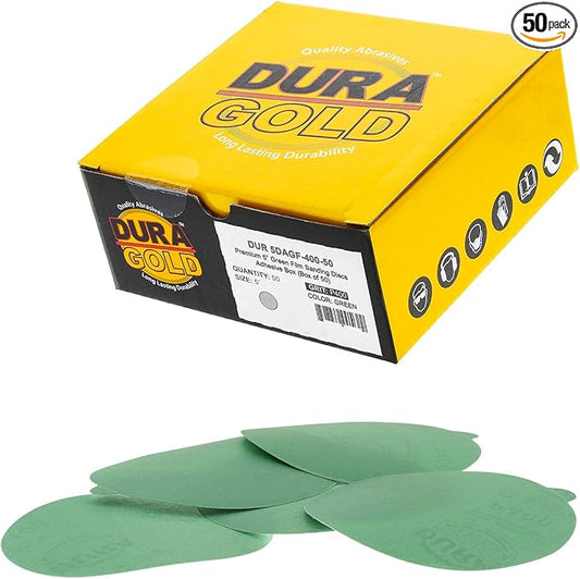 Dura-Gold Premium 5" Green Film PSA Sanding Discs - 400 Grit (Box of 50) - Film Back Self Adhesive Stickyback Sandpaper Discs for DA Sanders, Fast Cut Abrasive - Sand Automotive Paint Woodworking Wood