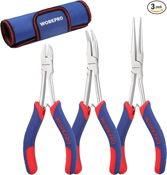 WORKPRO 3PCs Mini Pliers Set, Small Long Reach Needle Nose Pliers Includes 7" Needle Nose Plier, 6" Bent Nose Plier, 5-1/2" Diagonal Plier for Hard to Reach Narrow Spaces