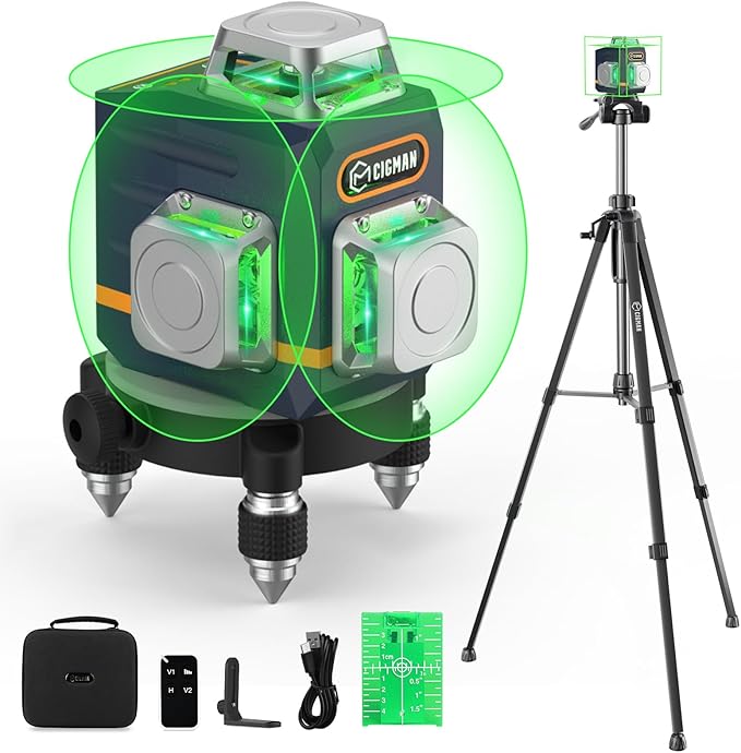 CIGMAN 3D Laser Level with Tripod,Remote Control,Compact Design,4000mAh Battery,Rotary Base,3x360째Self-Leveling Green Laser Leveler for Picture Hanging and DIY Projects