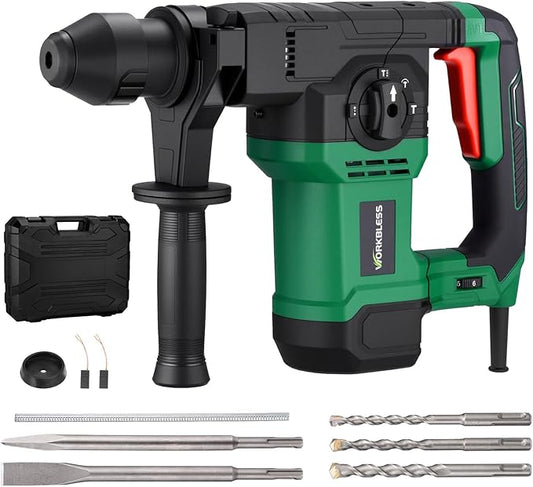1-1/4 Inch Rotary Hammer Drill with SDS-PLUS Bits: 13Amp 7.0J Rotomartillo, SDS Hammer Drill for Concrete Demolition Chipping, 4 Functions, 6 Speed, 3 Drill Bits & 2 Chisels