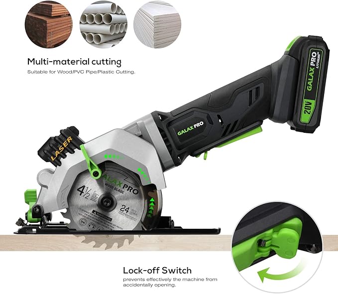 GALAX PRO 20V Cordless Mini Circular Saw 4-1/2" - 2.0Ah Battery, Laser/Rip Guide, 2 Blades(24T+60T), 3400RPM, 1-11/16" Cutting Depth