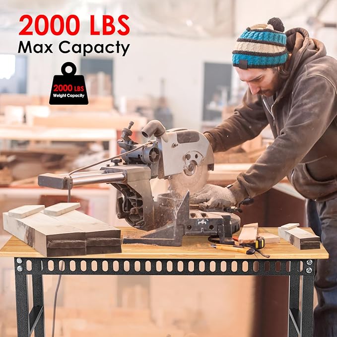 48 "Adjustable Workbench with Power Outlet, Heavy Duty 2000 LBS Load Capacity Hardwood Workbench Suitable for Workshop, Office, Garage, Home with Wheels