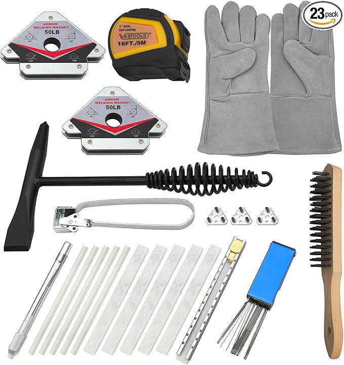 Welding Accessories,23pc,Chipping Hammer,Leather Welding Gloves 13.5",Soapstone Holder,16'x 1"Tape measures,50LB Welding Magnet,Triple Flint Torch Striker,Torch Cleaner,Wire Brush