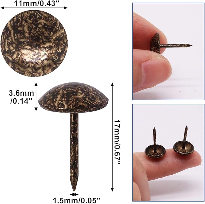 YuGtcen 100pcs Upholstery Tacks for Furniture, Decorative Nails Thumb Tacks Metal Upholstery Nails for Wood Pins Vintage Furniture Tack (11x17mm, Antique Bronze)