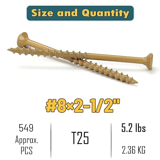 WELLOCKS Deck Screws, Wood Screws, Tan, Superior Rust Resistant, Epoxy Coated, Above 1000 Hour Salt Spray Coating T25 Torx Star Bit Included for Outdoor Wood Fence (5.2LBS Tan, #8횞2-1/2")