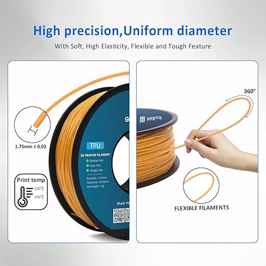 Geeetech TPU Filament 1.75mm, Shore 95A ??Flexible 3D Printer Filament with High Elasticity, 1KG (2.2lbs) Spool, Dimensional Accuracy 짹0.03mm, Fits Most FDM Printers (Gold)