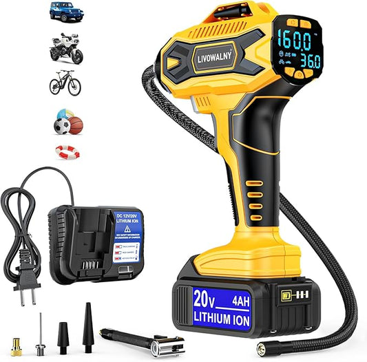 Tire Inflator Air Compressor Compatible With Dewalt 20V Battery, LIVOWALNY 160 PSI Cordless Portable Electric Air Pump with 4AH Baterry, Bigger LCD Digital Pressure Gauge for Car, Bike, Sport Ball