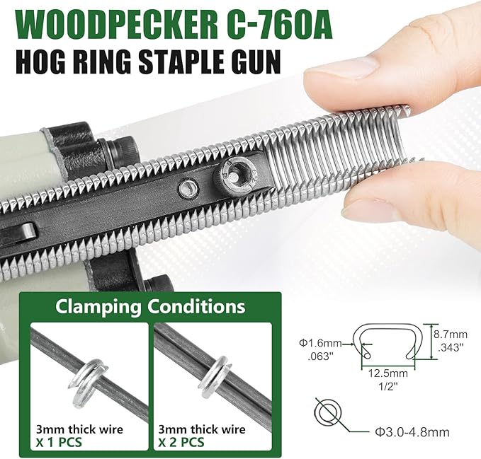 Woodpecker C-760A 16 Gauge Pneumatic Hog Ring Gun Kit, 1/2-Inch Crown, with 1000PCS Hog Ring Staples, 3.0-4.0mm Closing Diameter, Air Hog Ring Plier Tool, C Ring Gun for Cages, Fencing, Car Seat