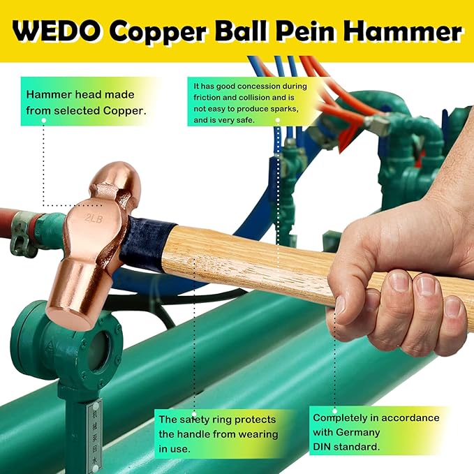 WEDO 3PCS Copper Ball Peen Hammer Set, 8 oz + 16 oz + 32 oz(1/2lb+1LB+2lb),Ball Pein Hammer with Wooden Handle, Die-Forged, Corrosion Resistant, DIN Standard