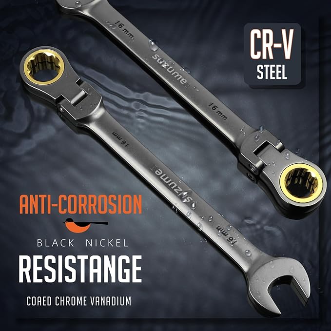 SUZUME 16mm Flex Head Ratcheting Wrench Metric 72 Teeth Cr-V Steel 15K+ Cycle Locked Gears with 180째 Flexible Head Black Nickel Coating