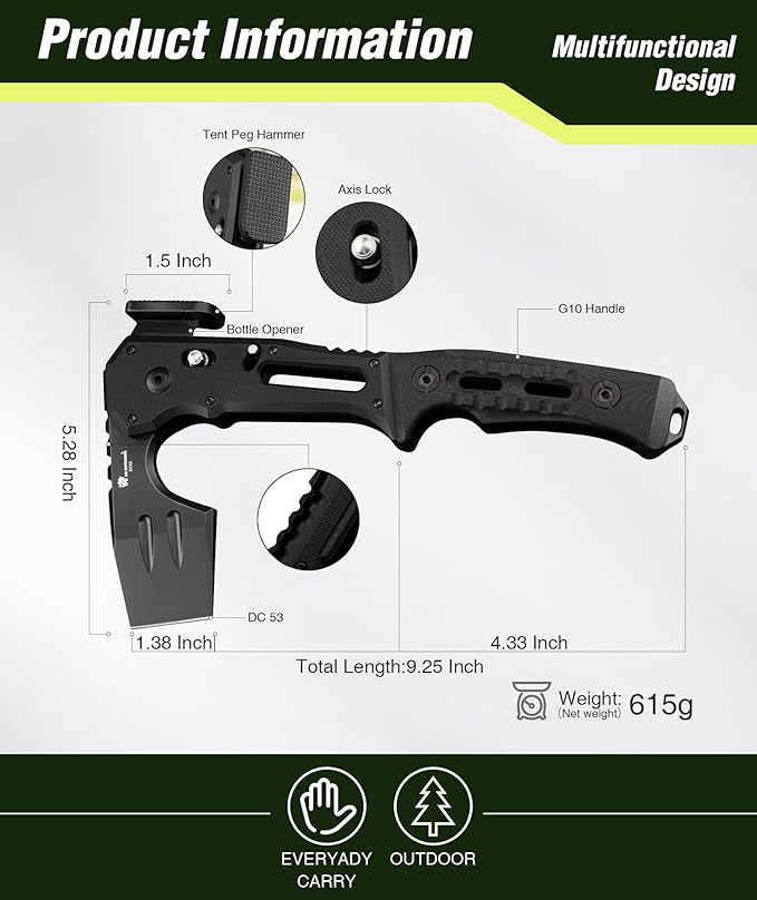 HX OUTDOORS Folding Tactical Axe and 19 in 1 Multi Tool Survival Combo – DC53 Steel Blade Stainless Steel Multitool for Camping Outdoor Emergency