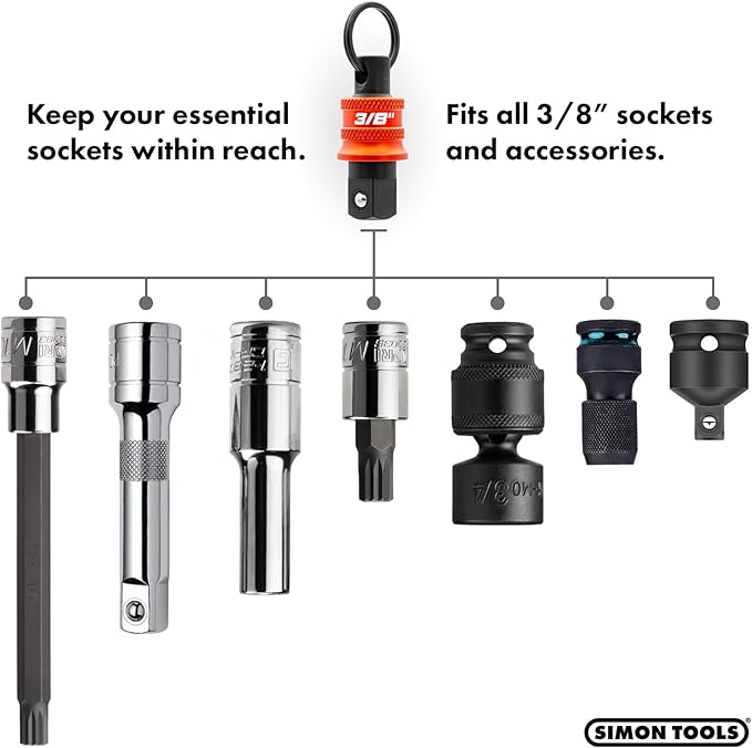 Socket Holder Keychain 3pc - 3/8 Socket Organizer with Quick Release and Clip - Perfect Impact Wrench and Toolbox Accessories for Construction Workers, Linemen, Mechanics and Carpenters