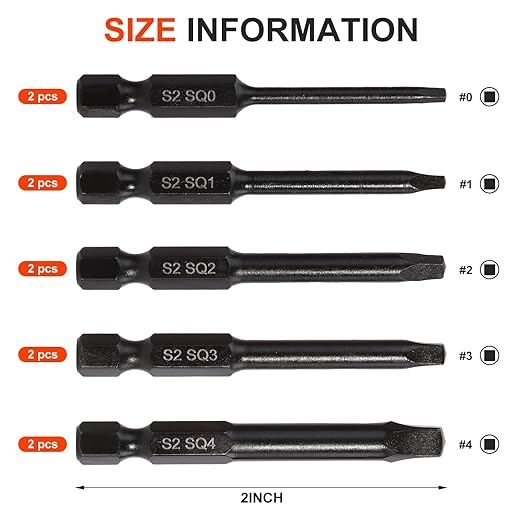 COMOWARE 10pcs Square Bit Set (SQ0-SQ4), S2 Steel 1/4" Hex Bit Set, Tamper-Proof Driver Bits Sets, CNC Tip Magnetic Drill Bitss, 2" Length, Impact Hex Bits Sets For Electronic Devices Disassembly