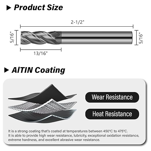 5/16" Carbide Square End Mill 4 Flute AlTIN Coated CNC Milling Bits for Alloy Steels, Hardened Steels, Cast Iron