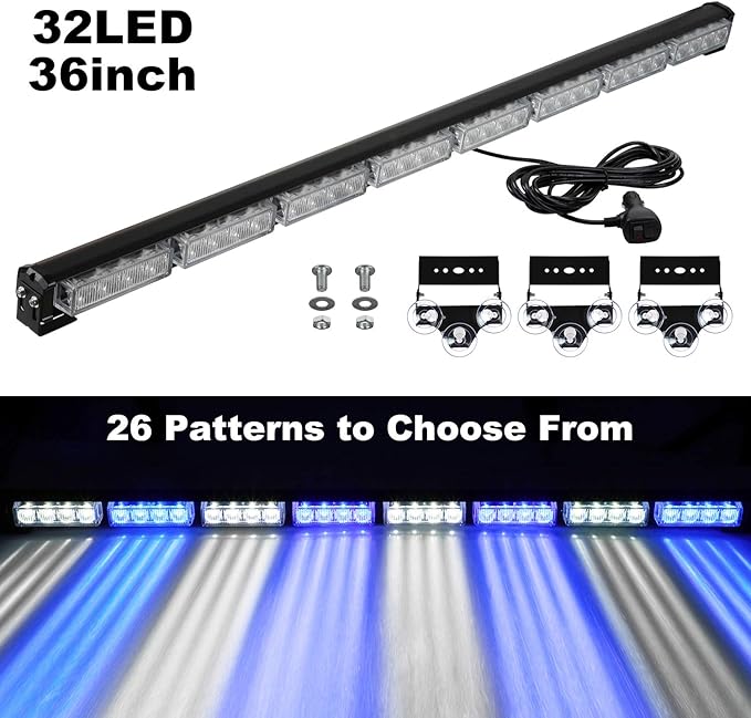 ASPL 36" 32LED Traffic Advisor Light Bar Warning Emergency Strobe Light Bar Directional Flashing Emergency Caution Lighting Led Safety Lights with 16 ft Straight Cord (Blue/White)