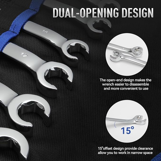 DISEN Flare Nut Wrench Set Metric and SAE 12-Piece Inch1/4 to 7/8" & 6-21mm, CR-V Steel Brake Line Wrench Set with Organizer Pouch,Father's Gift