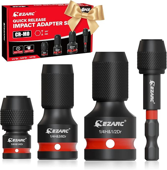 EZARC 4 Pcs Impact to 1/4 Hex Converter, 1/2 3/8 1/4-Inch Square Drive Sockets to 1/4-Inch Hex Adapter, Impact Wrench Adapters for Ratchet Wrench Drivers, Impact Bit Holders, Quick-Change Chuck