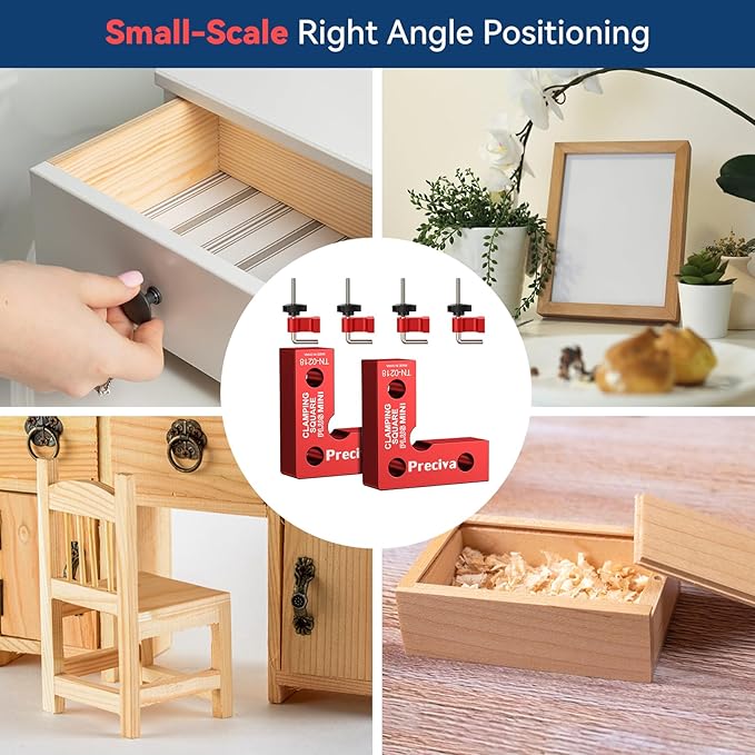 Preciva 90 Degree Mini Positioning Squares 2 Sets (2.32''x 2.32''), Aluminum Alloy Right Angle Clamps Fixing Clamp, Carpenter Corner Clamping Square Tool for Picture Frame Box Cabinets Drawers (Red)