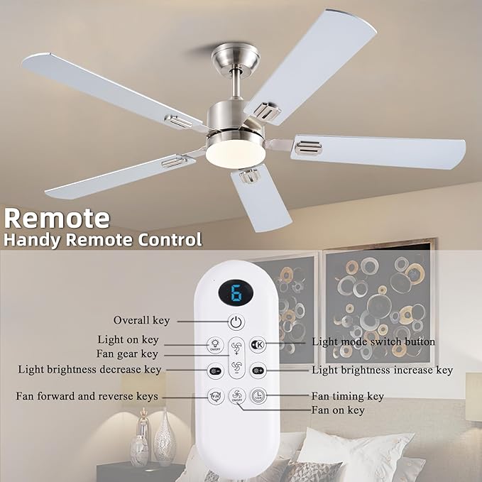 56 inch Ceiling Fans with Lights and Remote/App Control, DC Reversible Motor, Dimmable, Double-Side blades, 6 Speeds Low Profile Modern Ceiling Fan for Livingroom, Indoor/Outdoor（Nickel）