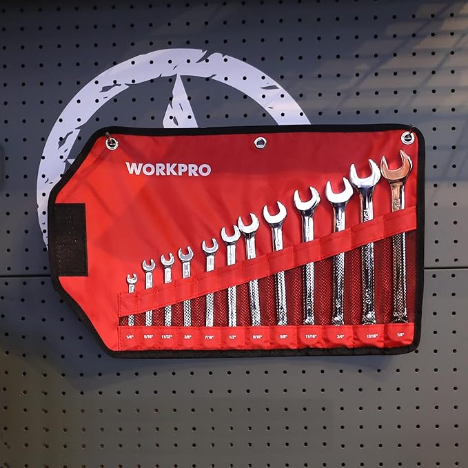WORKPRO 12-Piece Combination Wrench Set, SAE 1/4"-7/8", Premium Cr-V Wrench Sets, 12PT, Mirror Polish Chrome Plating with Rolling Pouch