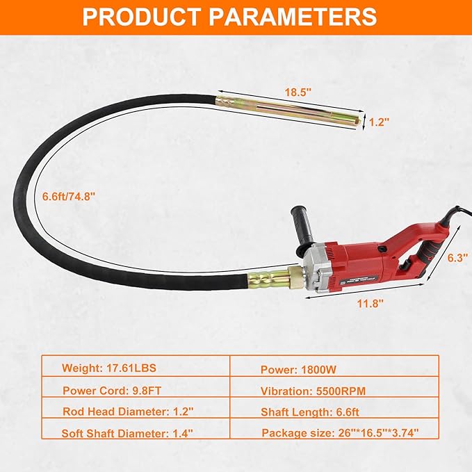 Electric Concrete Vibrator 1800W 110V, Handheld Concrete Vibrator, 5500RPM, Electric Concrete Vibrating Tool With 6.6ft Shaft Rod, Portable Pencil Cement Vibrator Remove Air Bubble and Mix Concrete